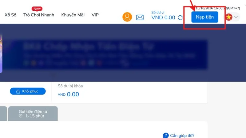Bước 2: Truy cập mục nạp tiền