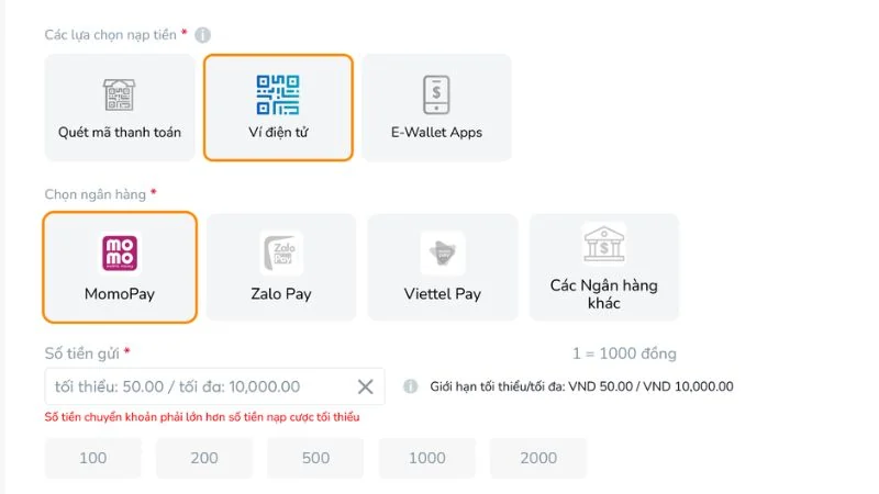 Nạp tiền qua ví điện tử